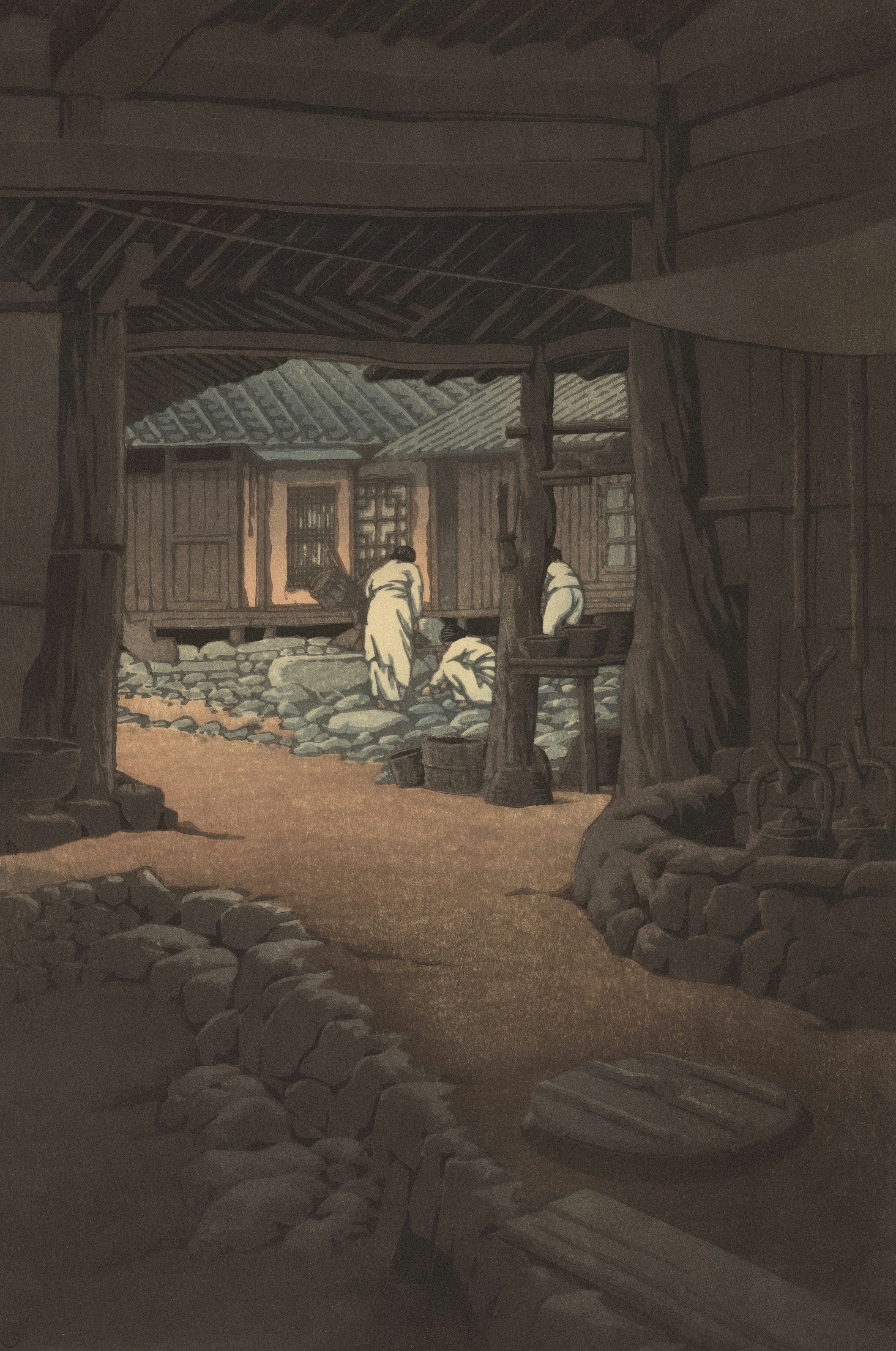 People in traditional japanese clothing working in a courtyard.