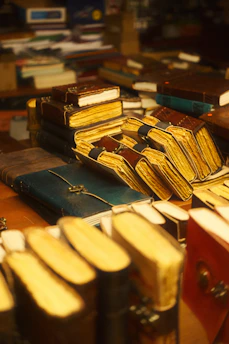 Collection of antique leather-bound journals and cloth-bound books