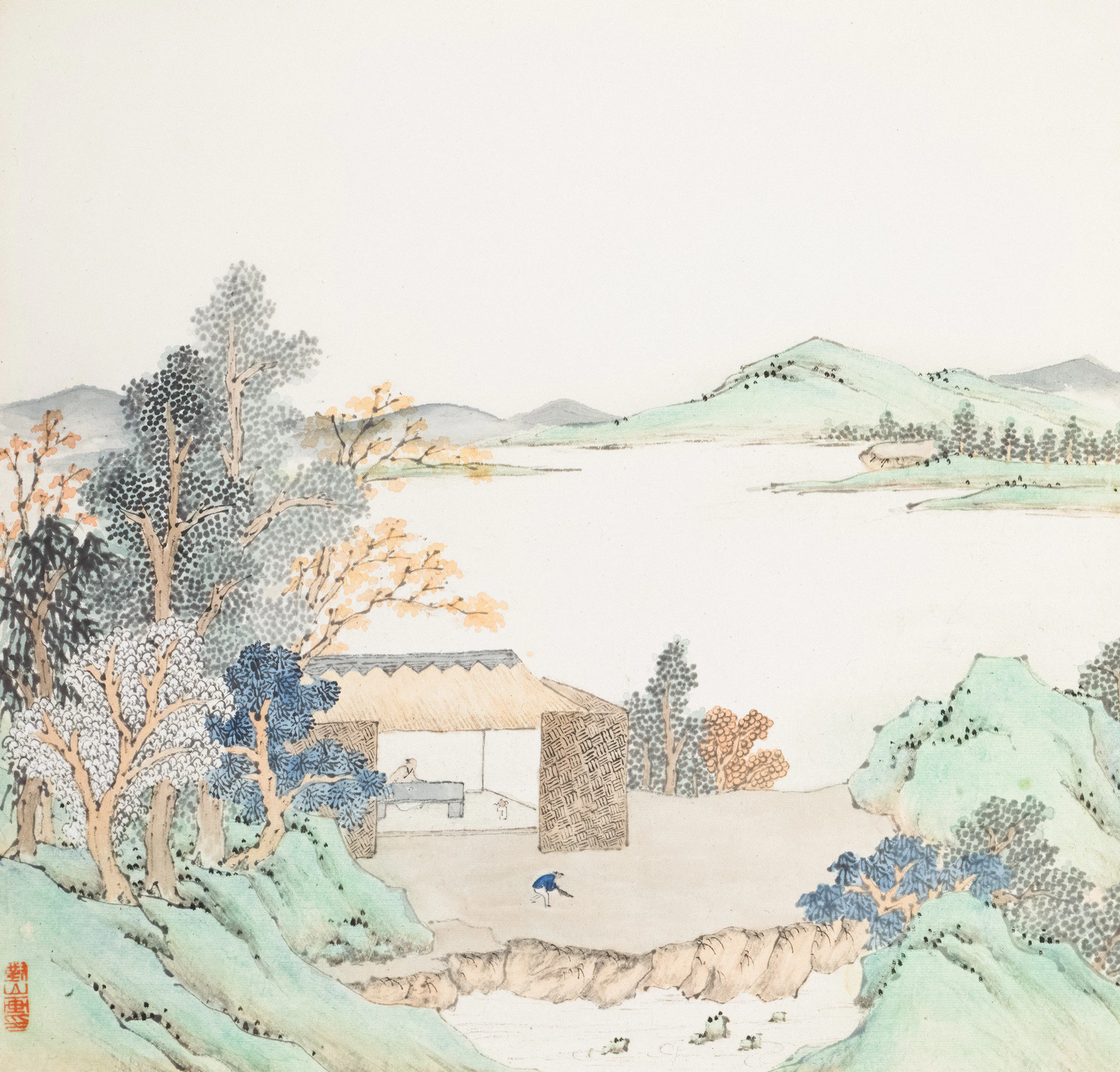 Traditional chinese landscape painting with a pavilion.