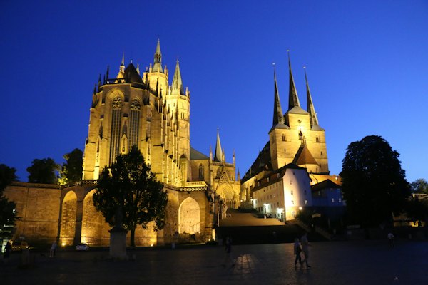 Erfurt at night, the old town lit along the water