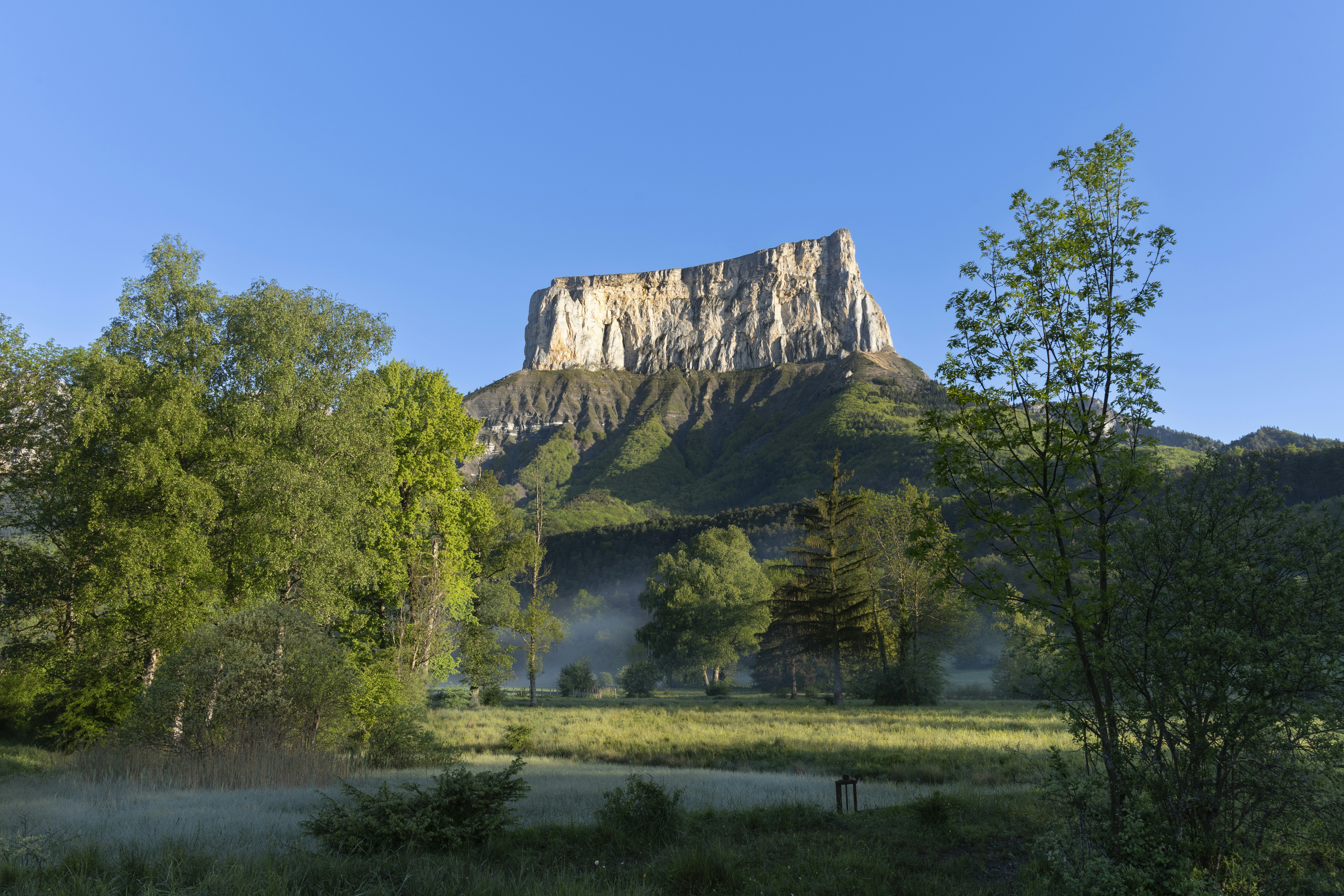 Misty morning landscape with a large flat-topped mountain.