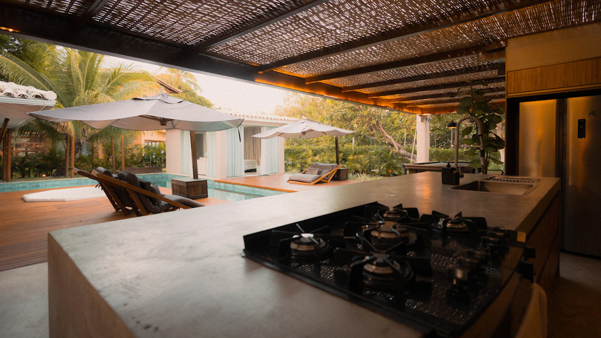 Covered outdoor living area with overhead shade structure at luxury estate — Naples, FL outdoor design