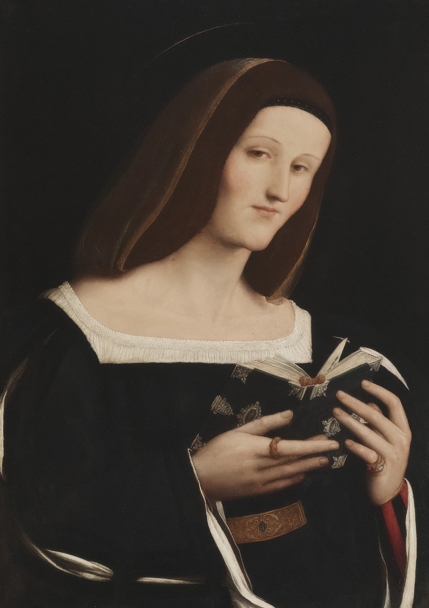 Painted portrait of a woman in a black dress holding an open book
