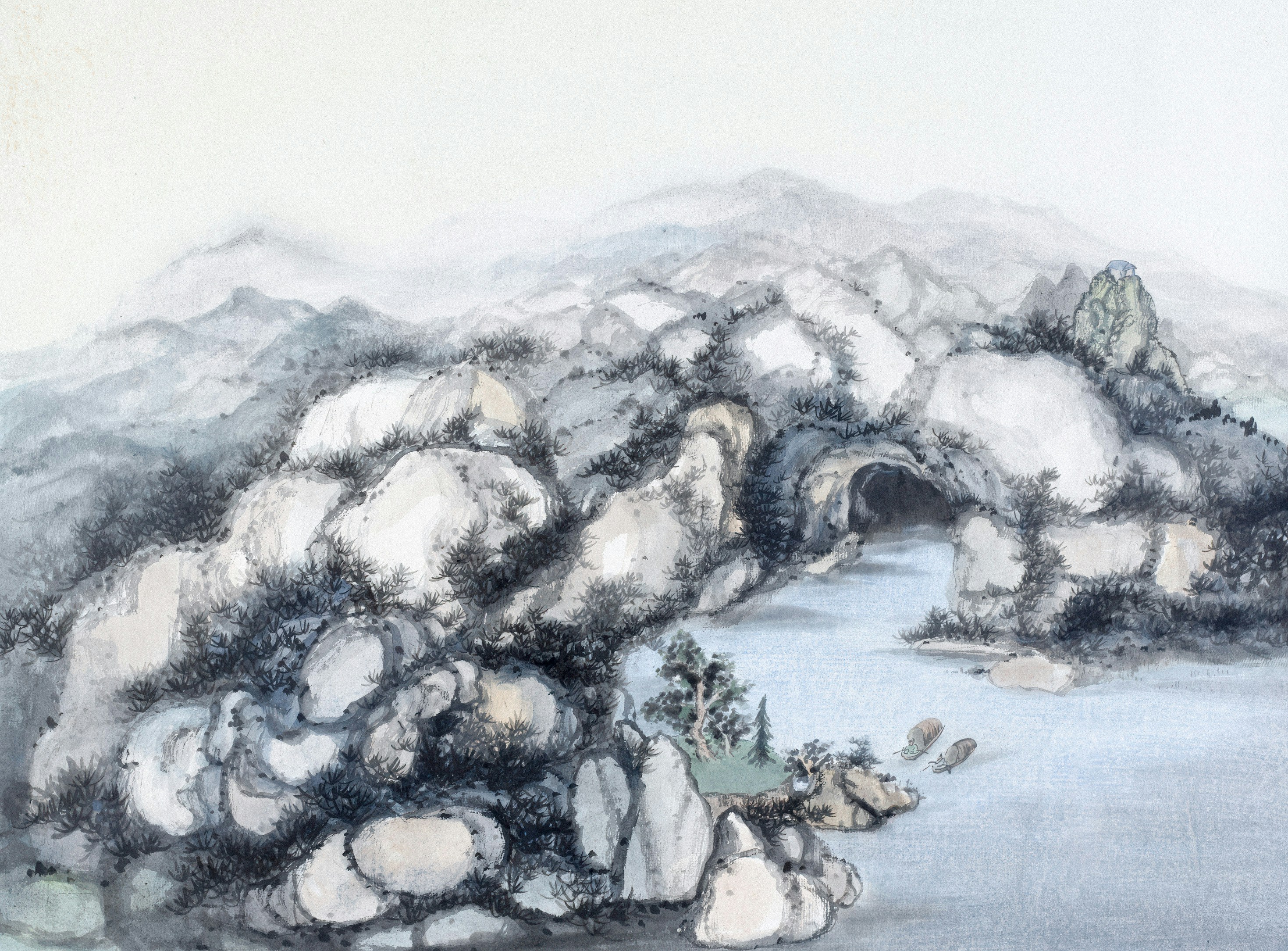 Ink wash painting of a rocky archway over water photo – Free Trees ...