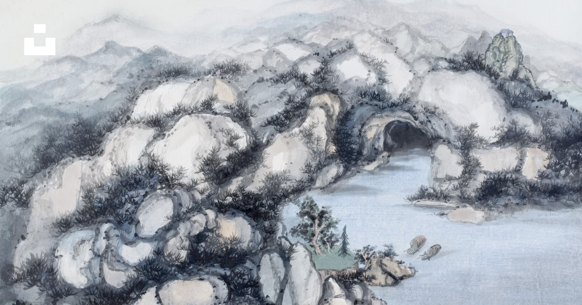 Ink wash painting of a rocky archway over water photo – Free Trees ...