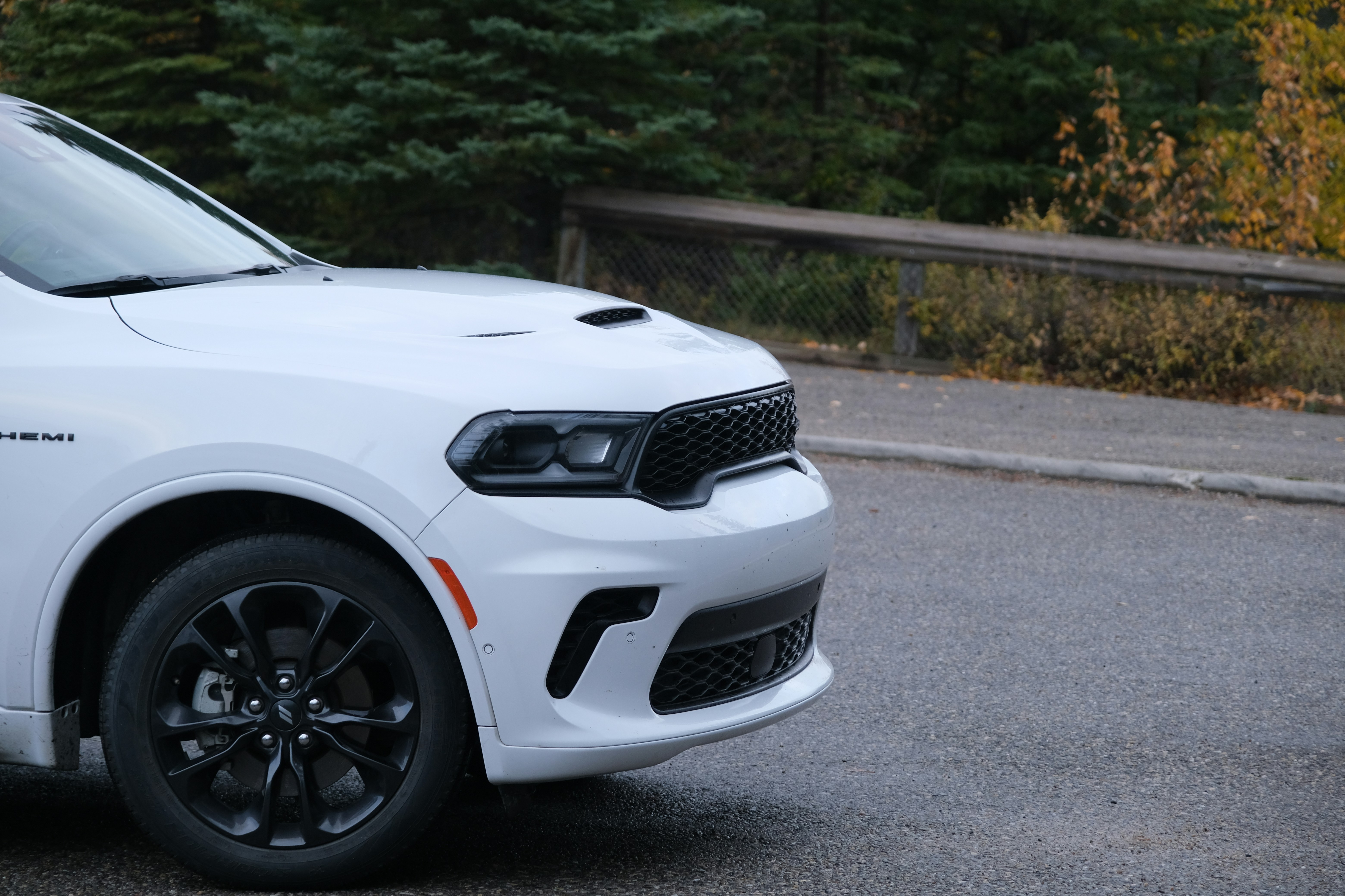 White suv parked on a paved road