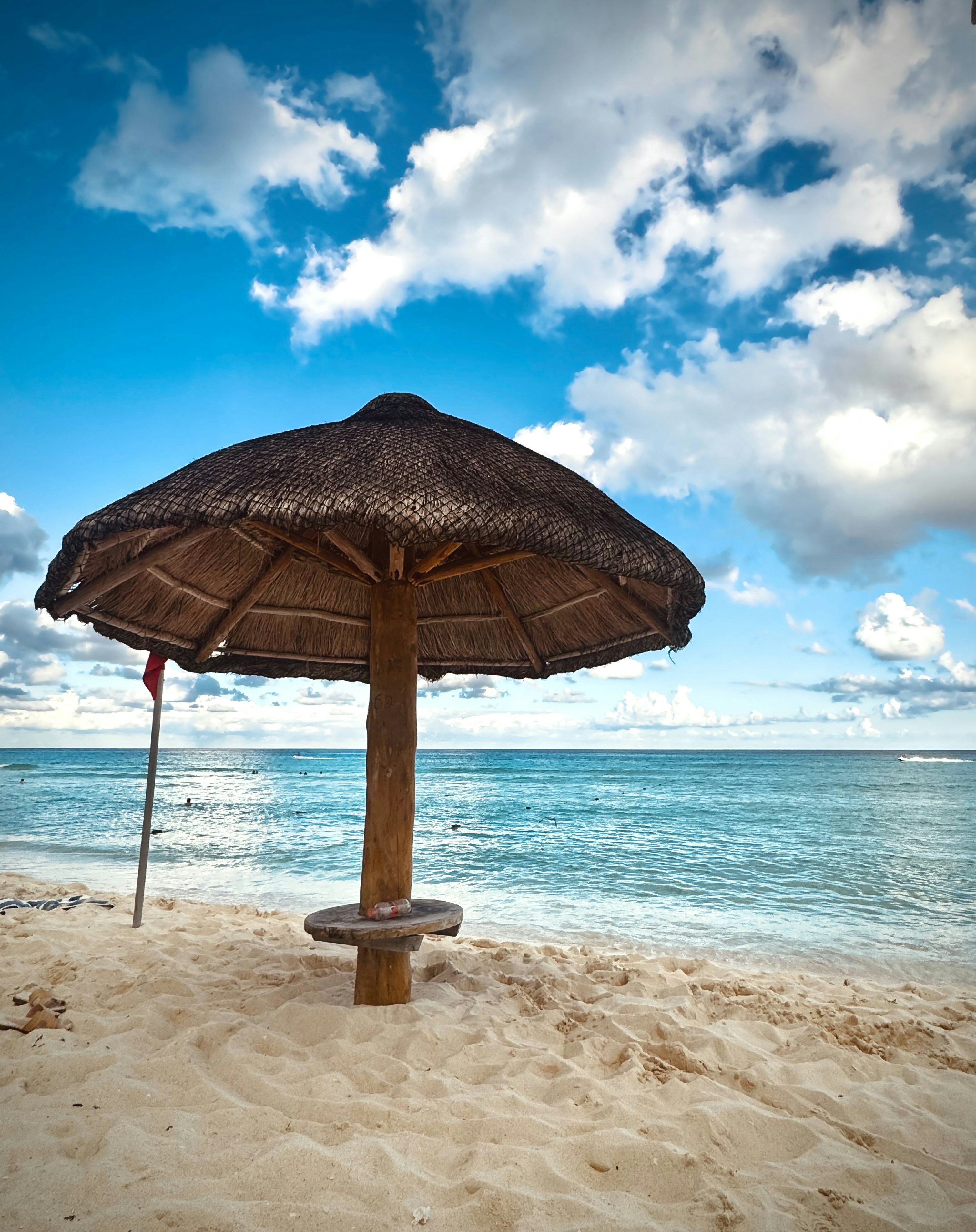 Thatched umbrella on a sandy beach with ocean background.