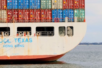 Cargo ship with stacked containers on the water