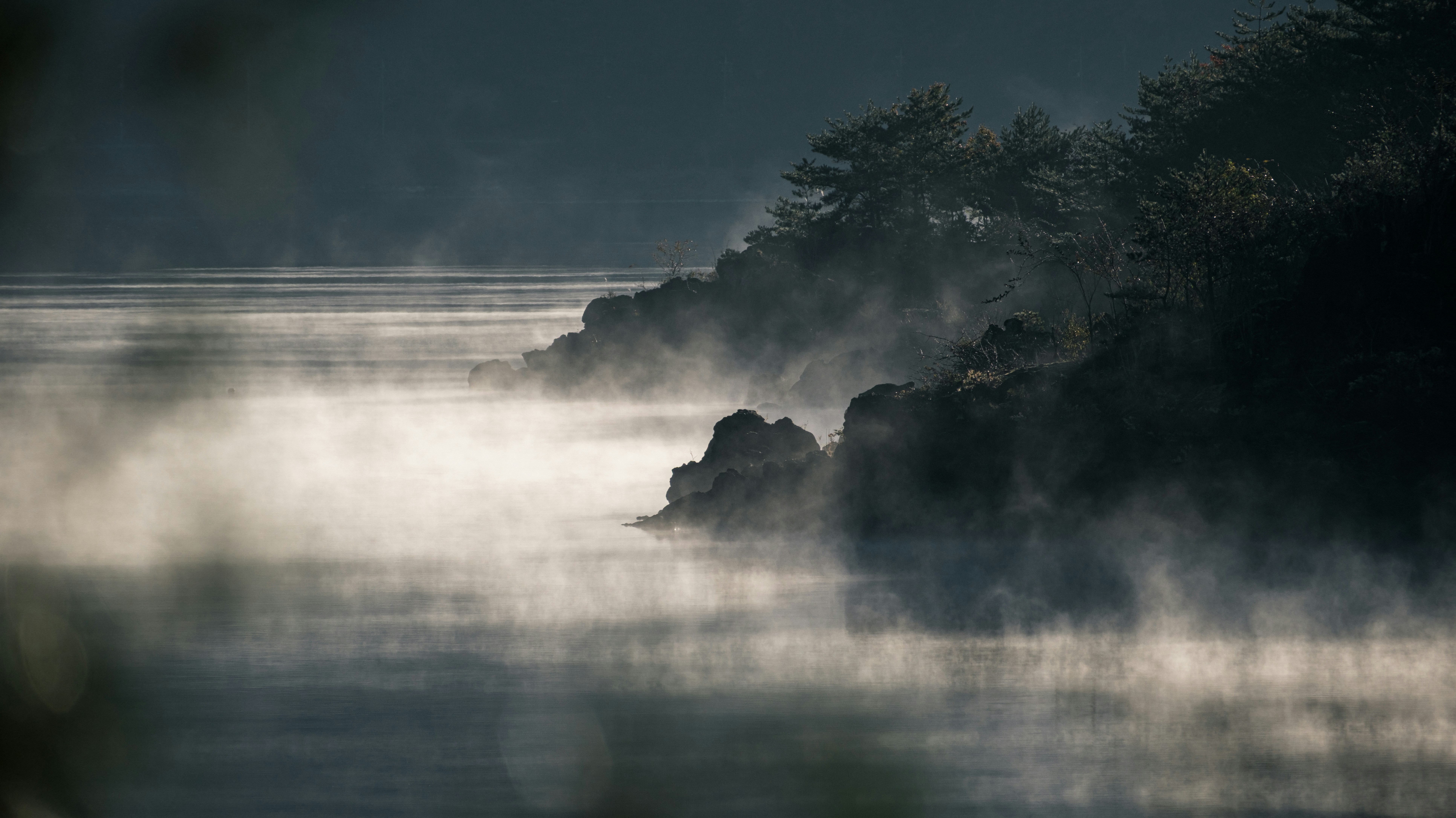 Misty lake shore with trees and rocks.
