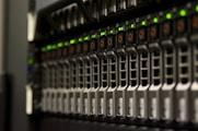 Server rack with blinking green lights