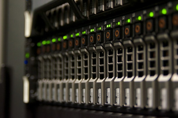 Server rack with blinking green lights