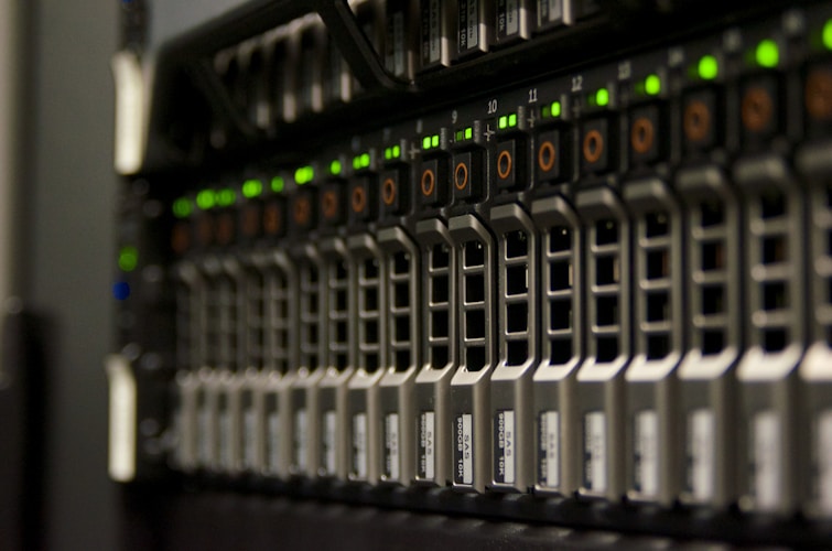 Server rack with blinking indicator lights — NAS and RAID storage