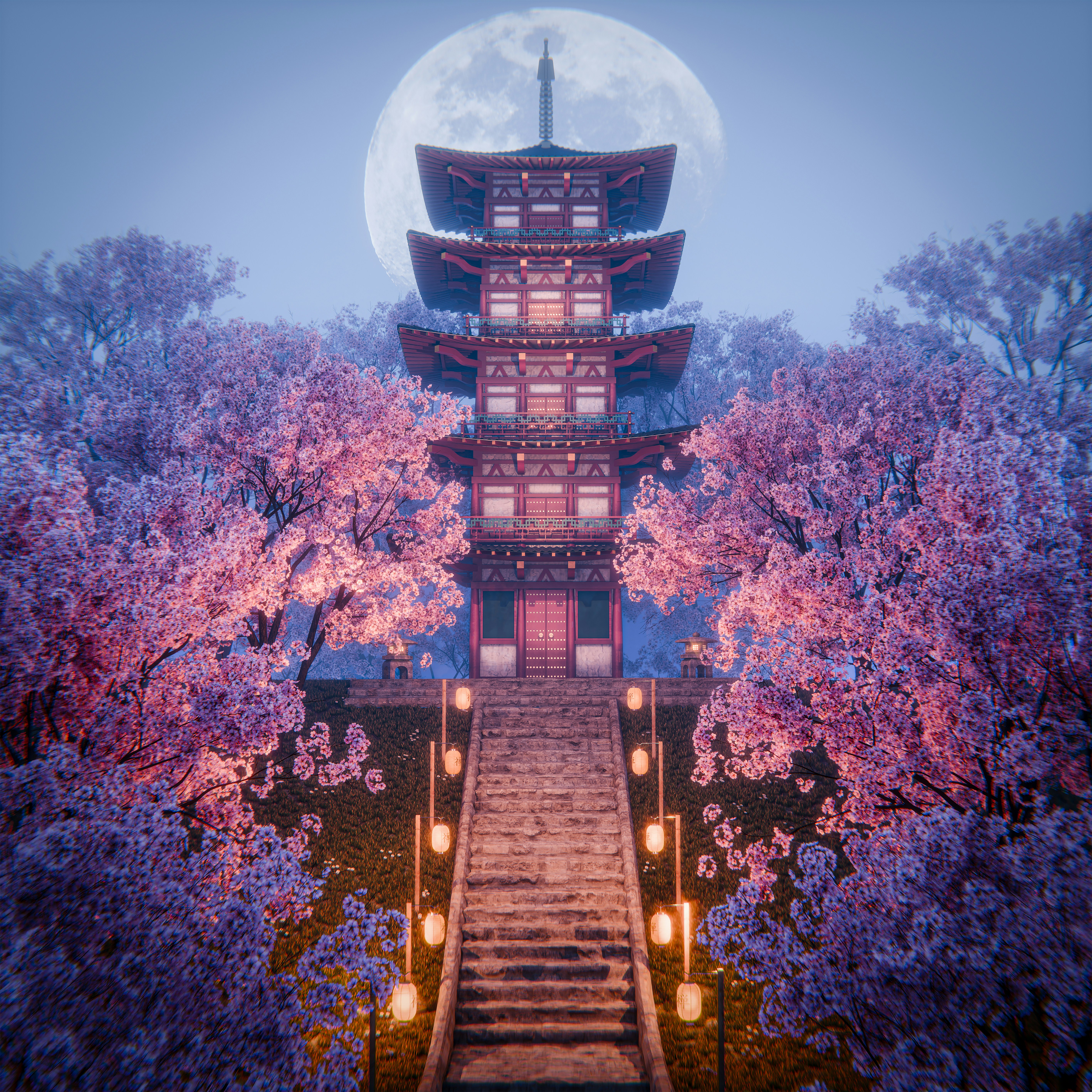 Pagoda surrounded by cherry blossoms under a full moon