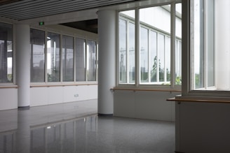 Modern interior with large windows and white columns