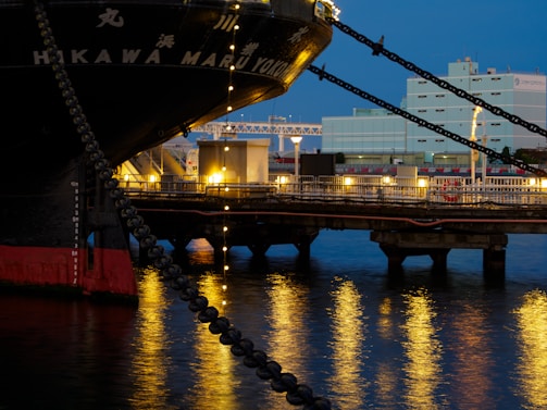 Large ship docked at a pier at dusk