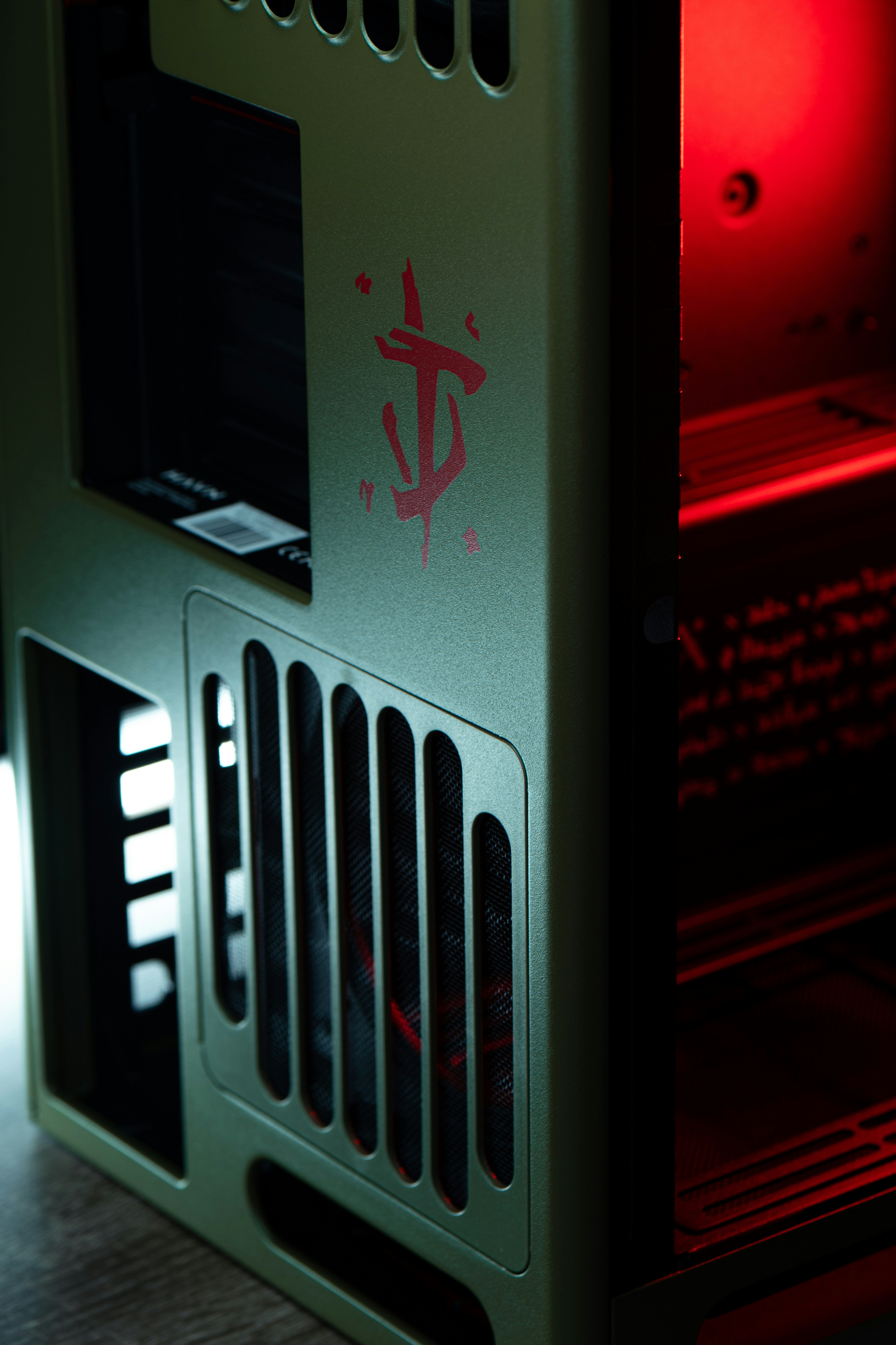 A computer case with a red symbol and green symbol.