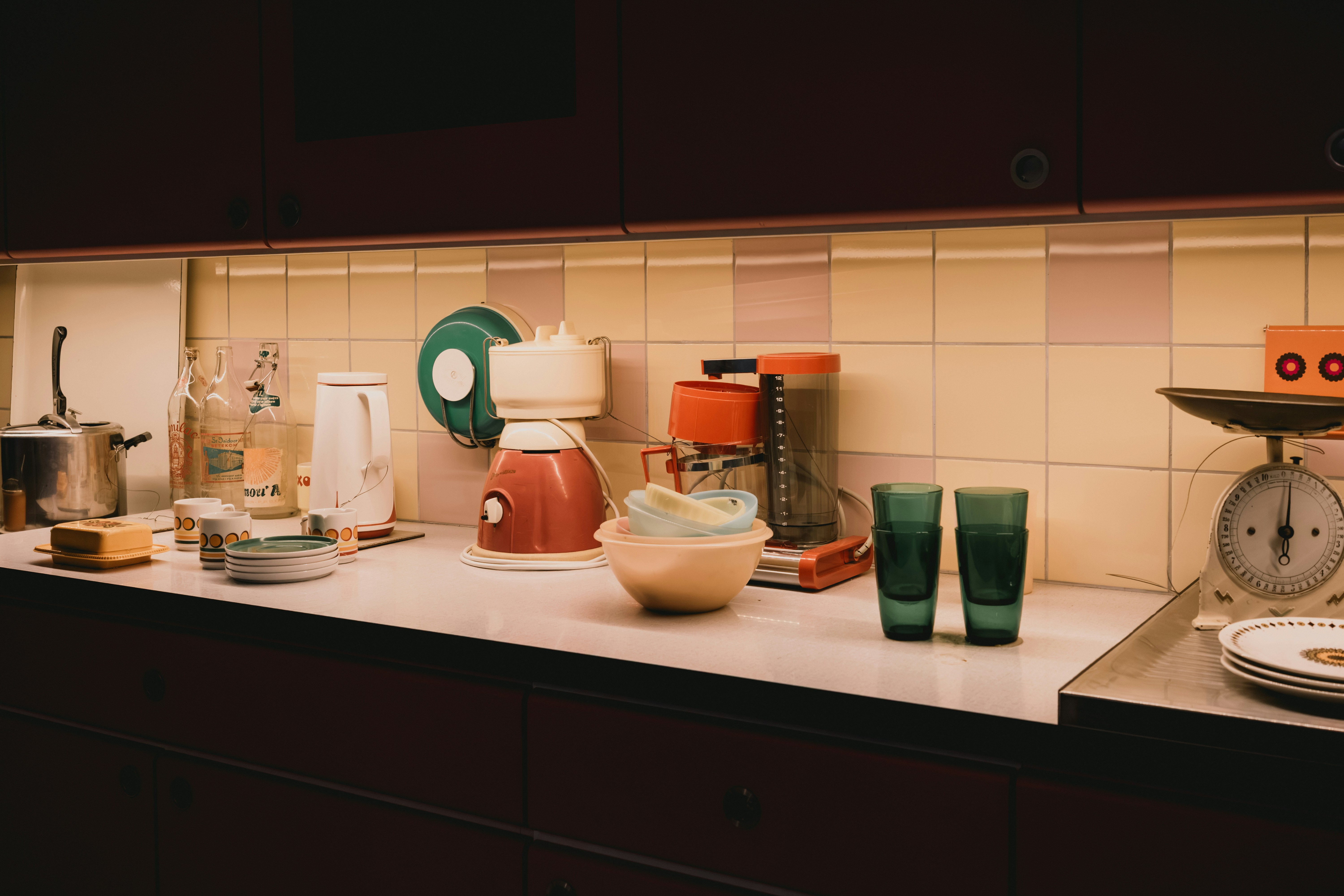 Kitchen counter with appliances and glasses
