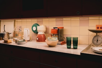 Kitchen counter with appliances and glasses