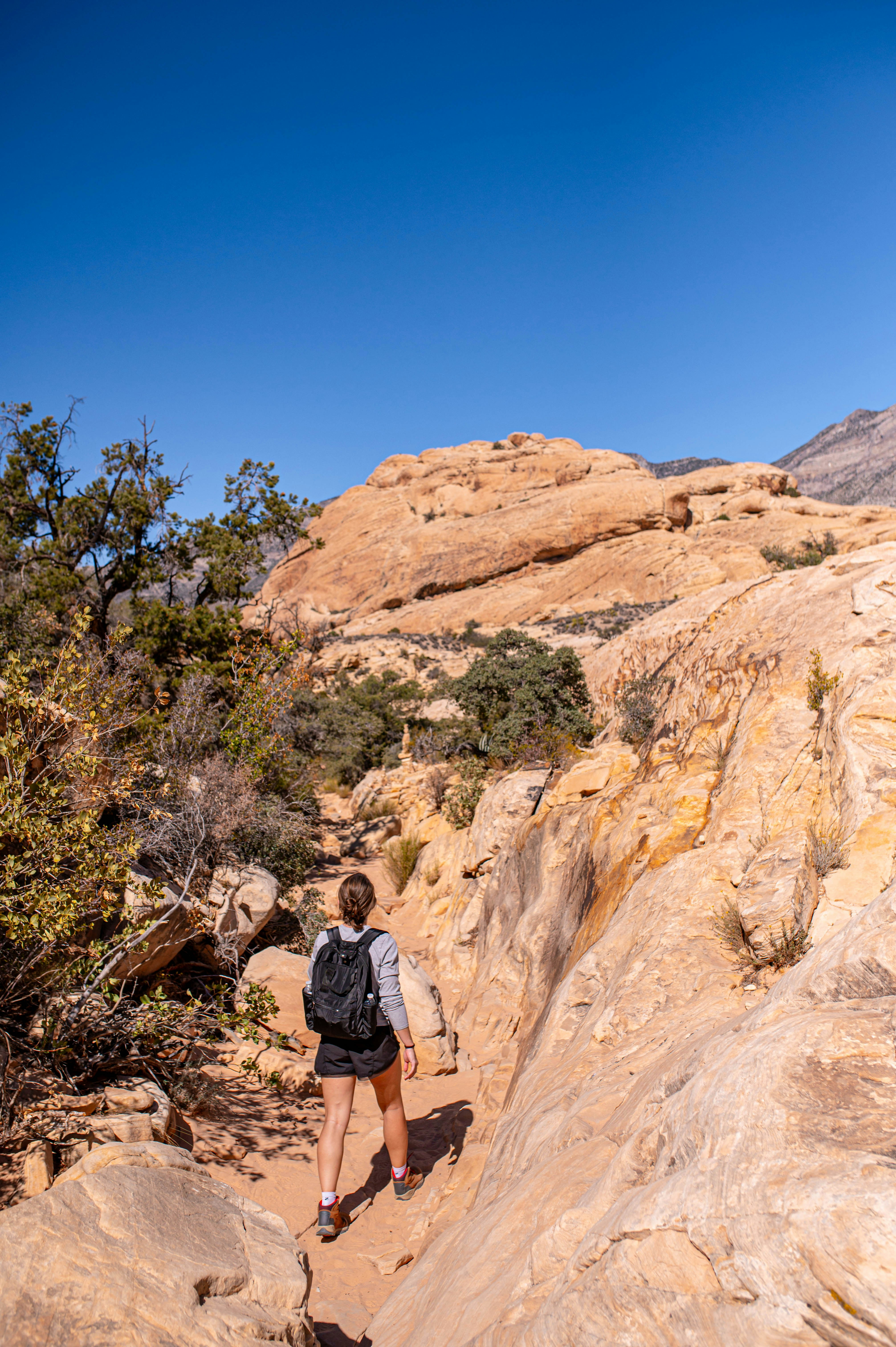 Woman hiking on a desert trail with rock formations.