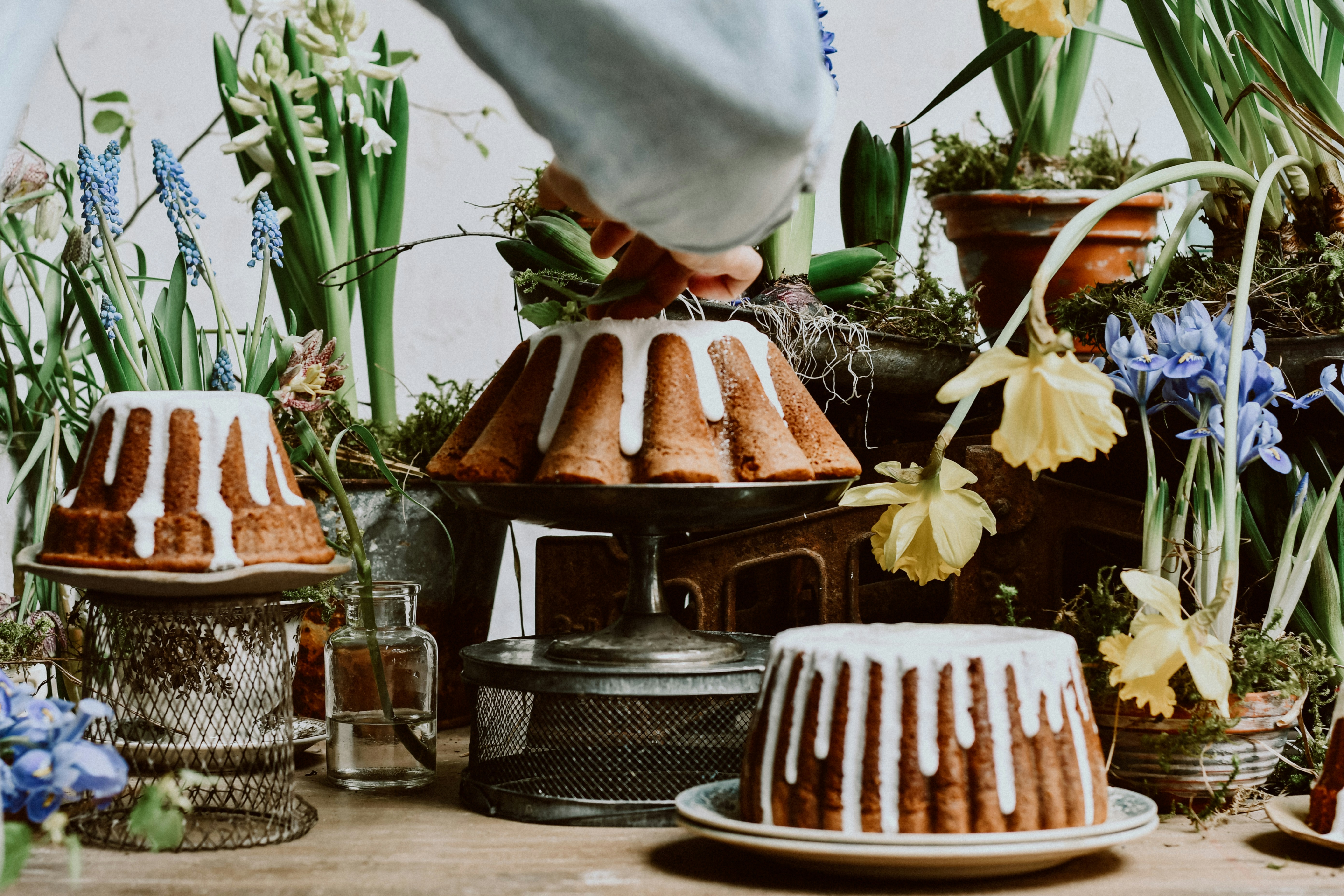 Bundt cakes decorated with white icing and spring flowers