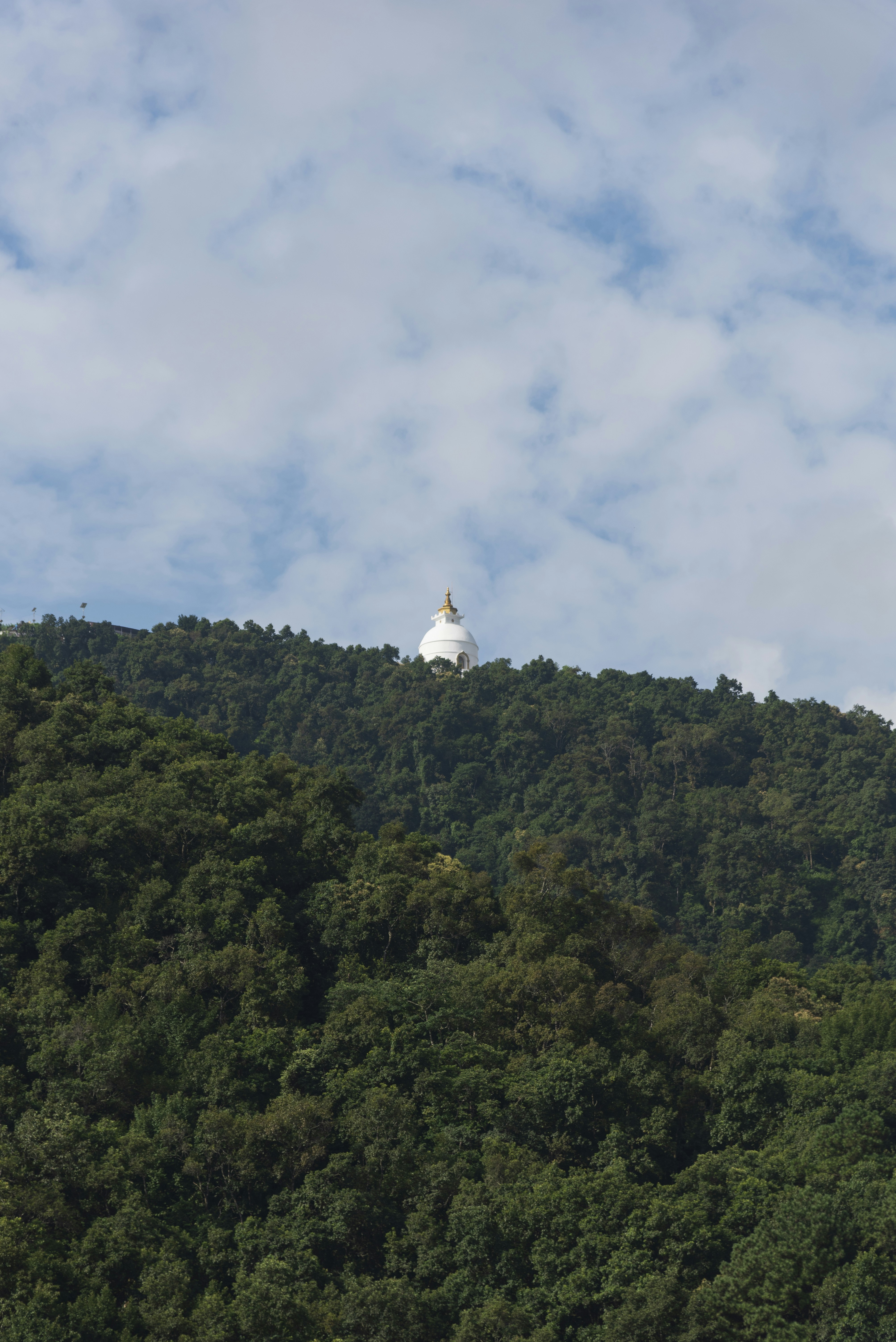 White stupa on a lush green forested hill.
