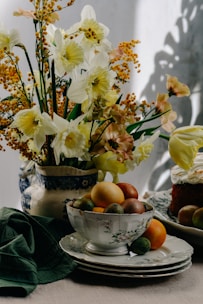 Easter eggs and daffodils in a still life setting