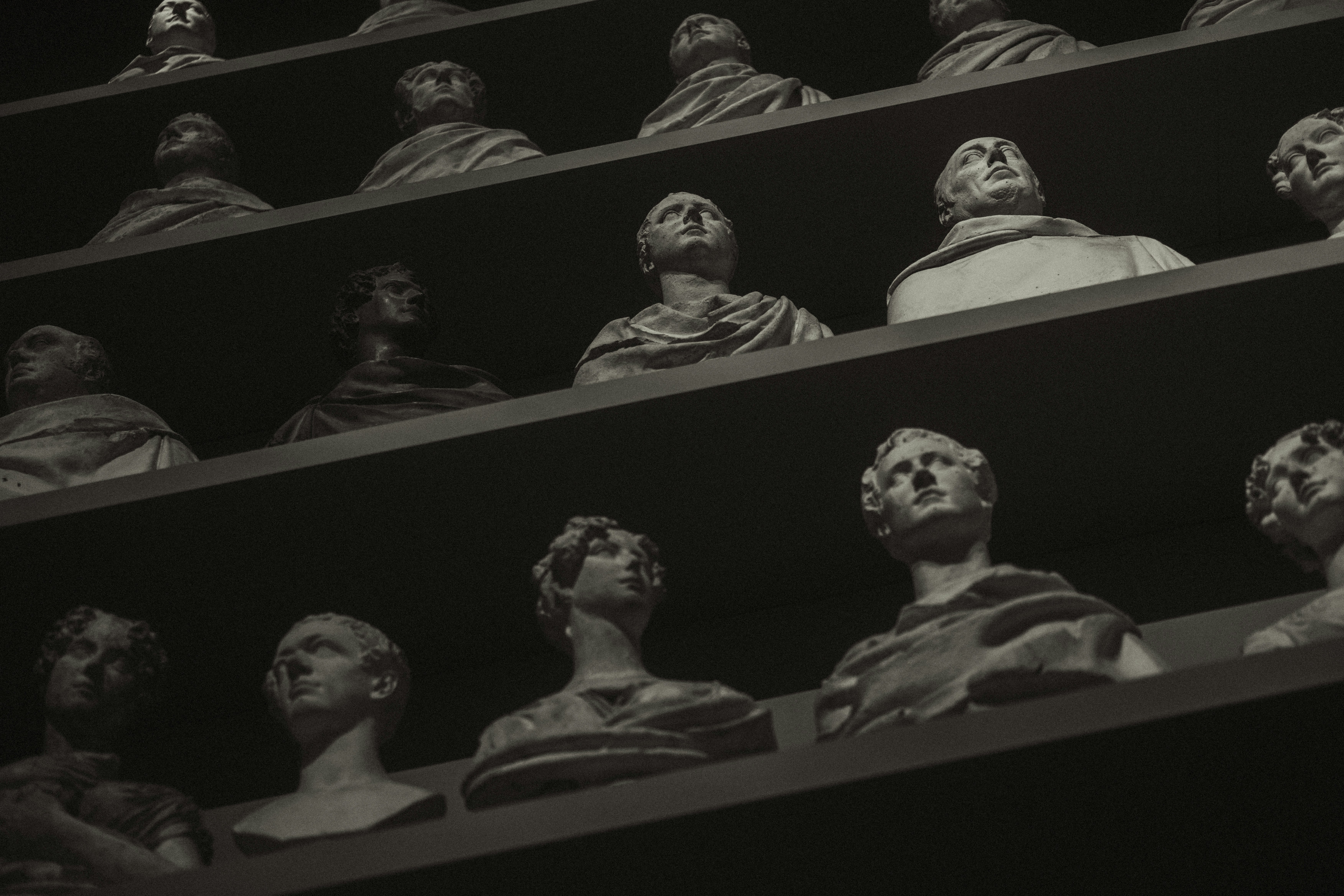 Fileiras de bustos antigos exibidos nas prateleiras