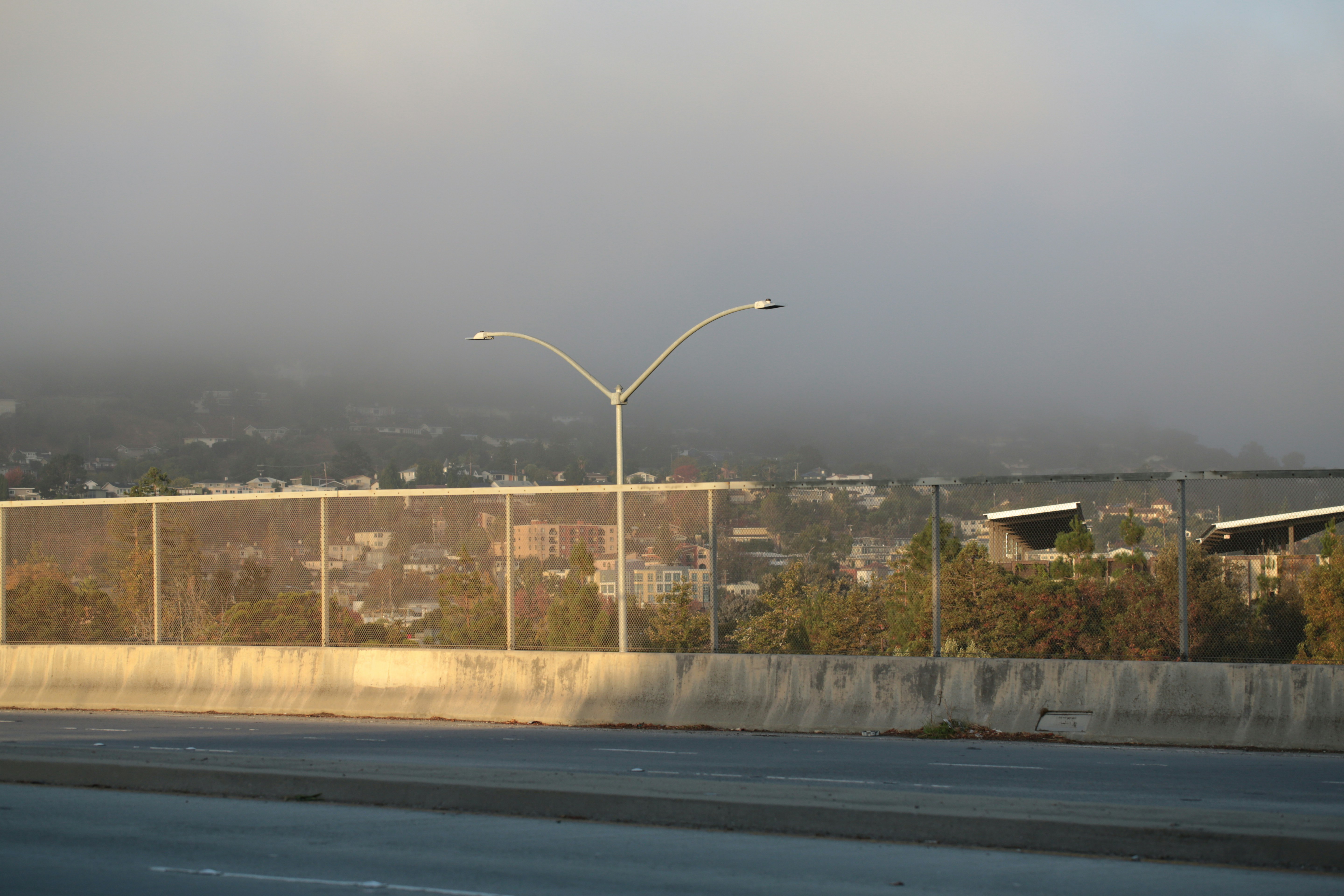 Streetlight in fog over buildings and hills.