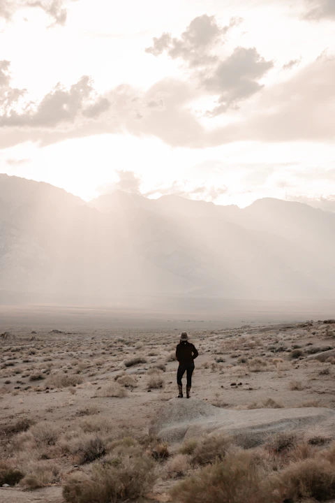 Wide establishing shot of a person walking in a vast desert landscape at sunset