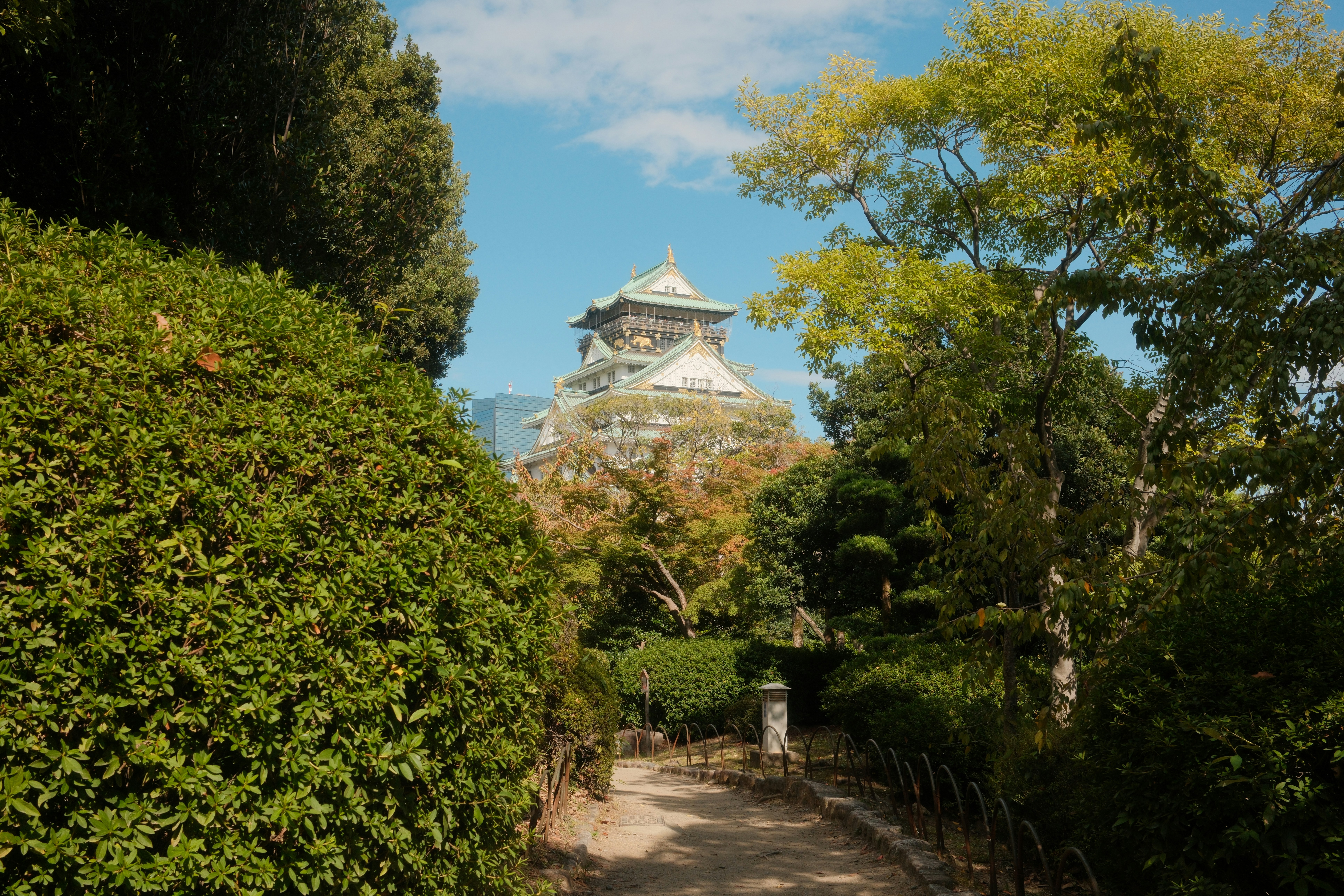 Castle viewed through trees in a park