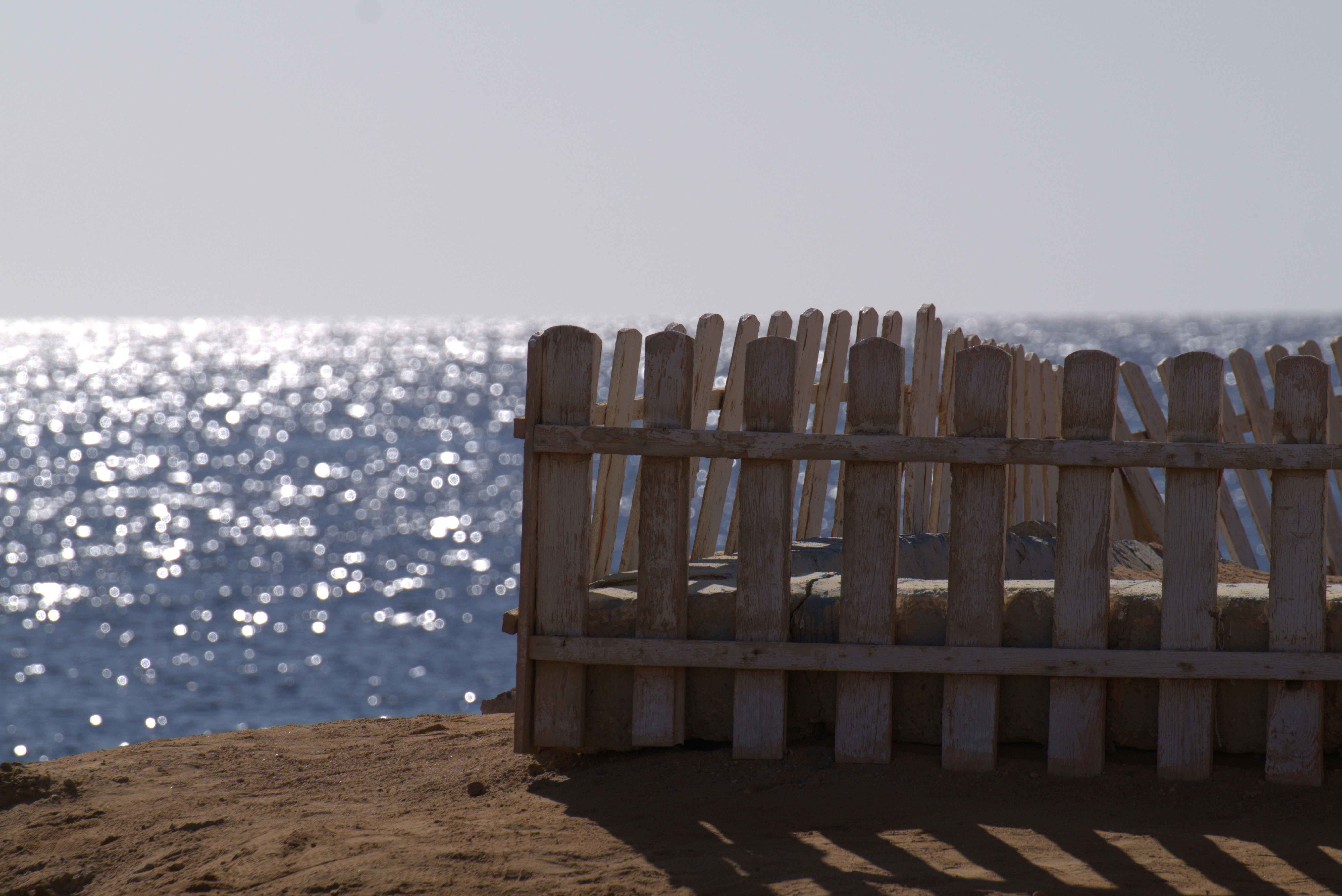 White picket fence overlooks sparkling ocean water