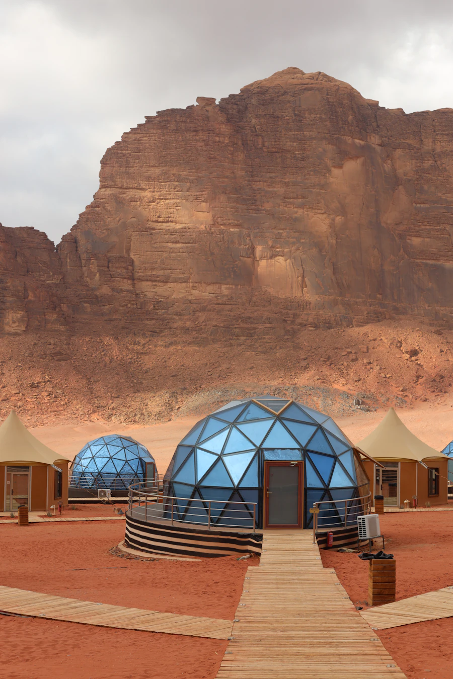 Luxury dome glamping camp rocky desert landscape