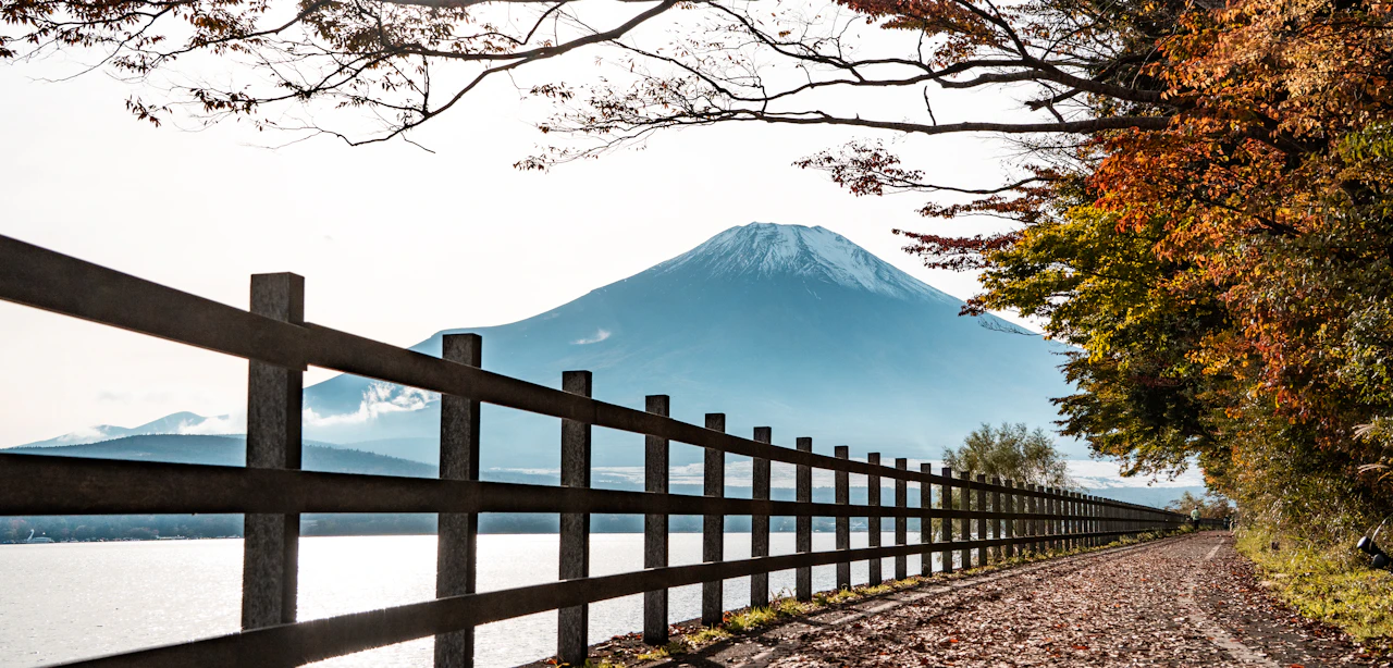 Mount Fuji seen through autumn trees from a viewpoint near Lake Yamanaka, Yamanashi