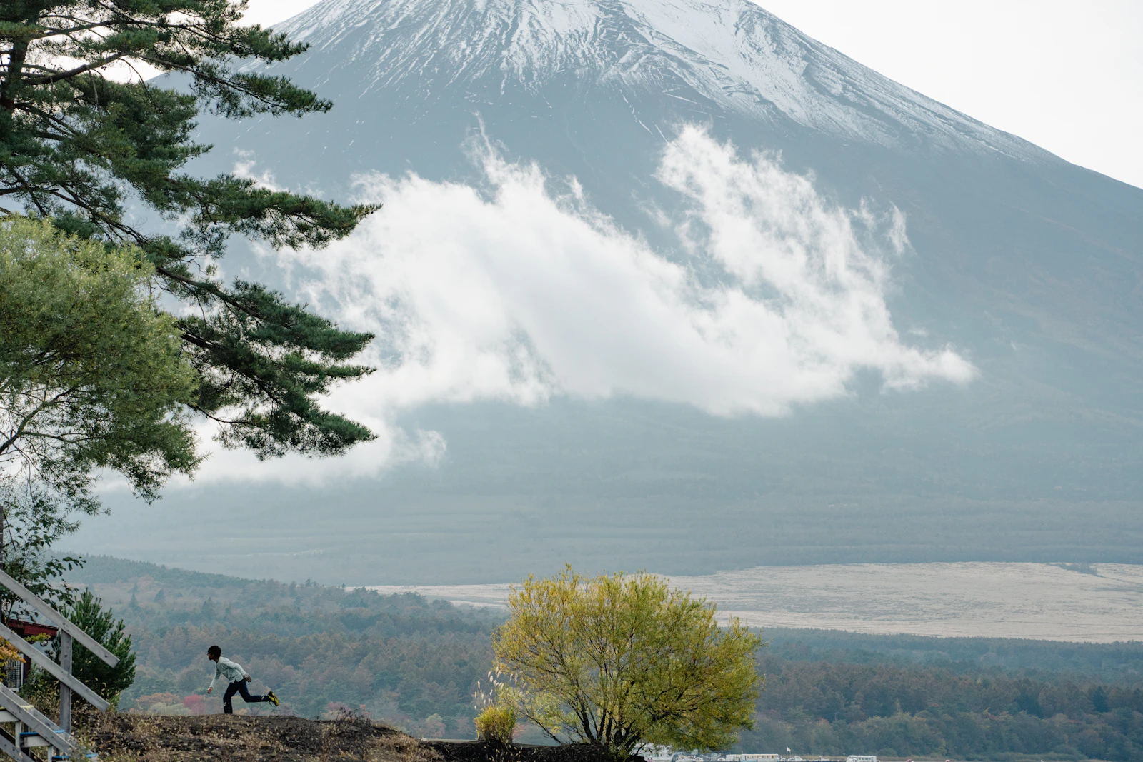 富士山を背に、静かな道を走る人