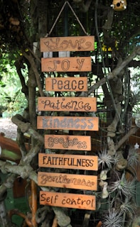 Wooden signs with virtues hanging on a tree