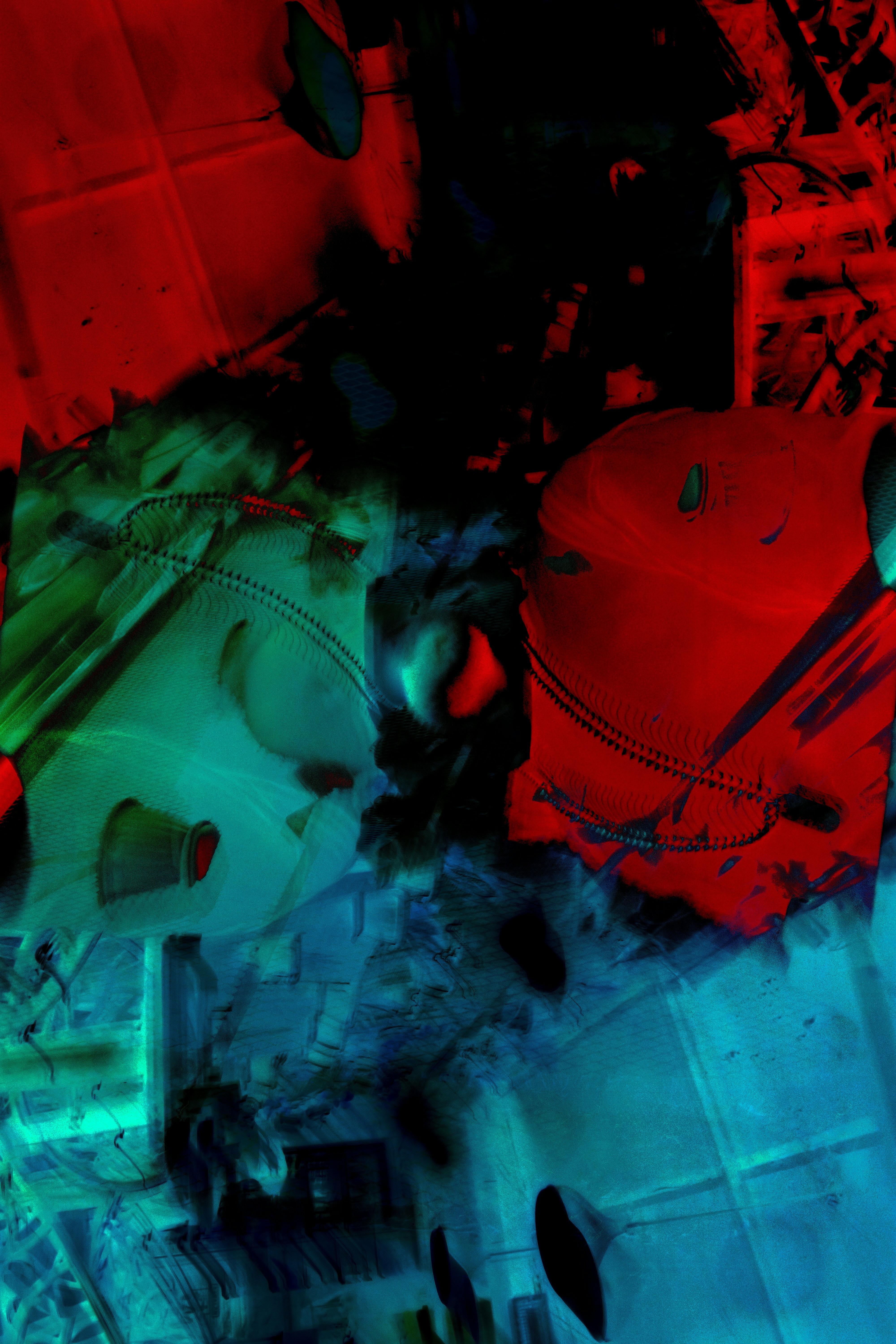 Abstract red and blue shapes with black elements