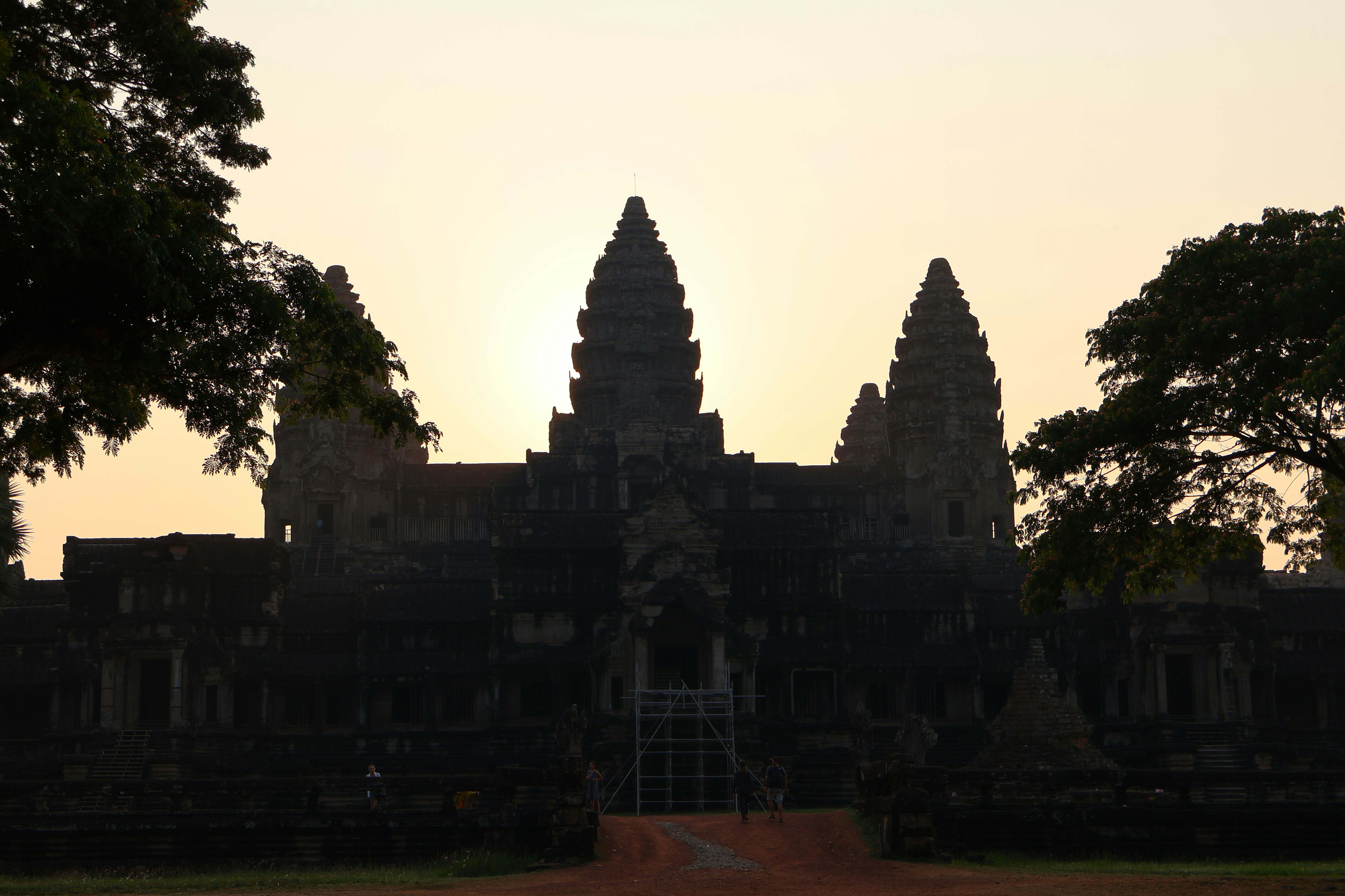 Ancient temple silhouette at sunset