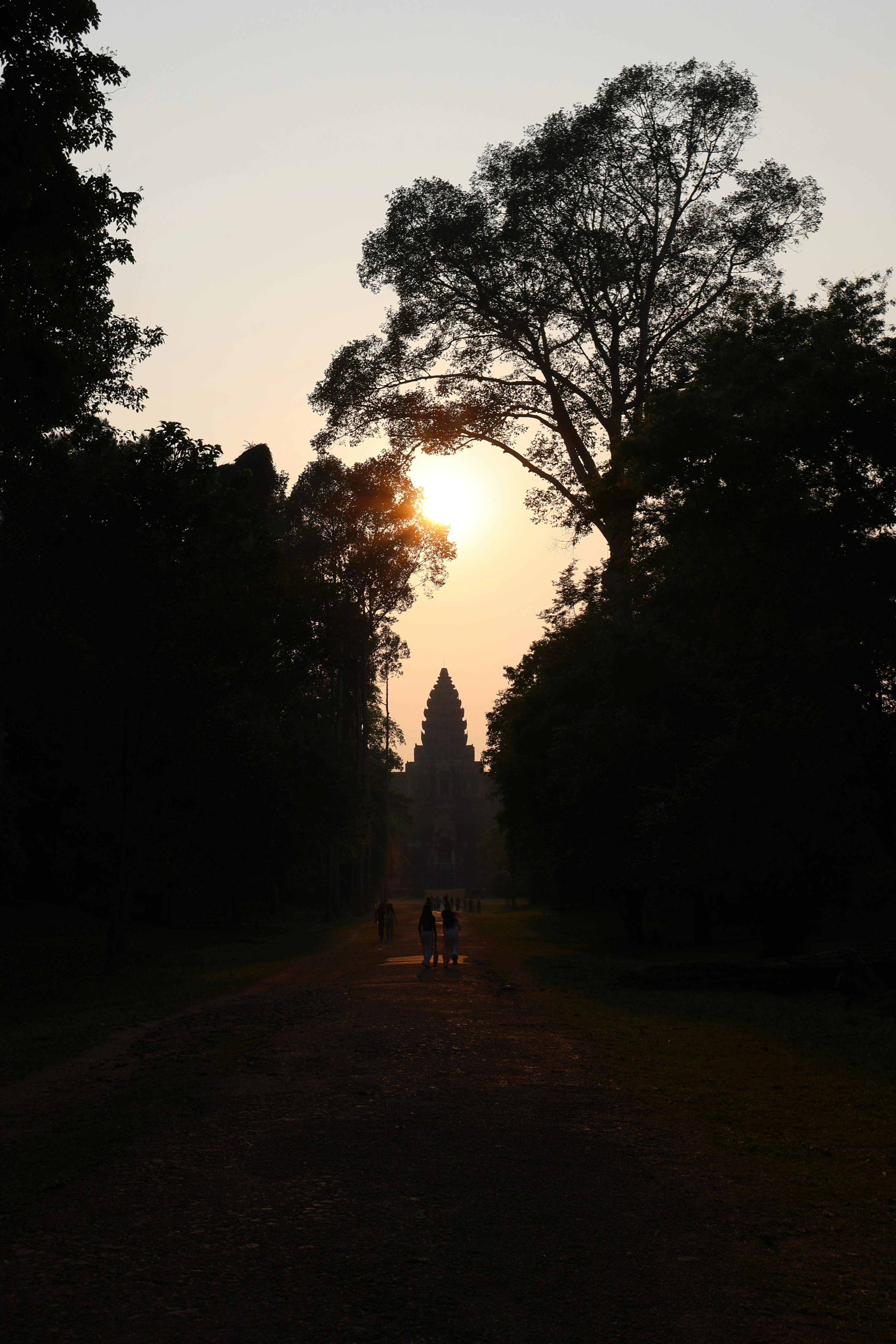 Silhouetted temple structure at sunset with trees