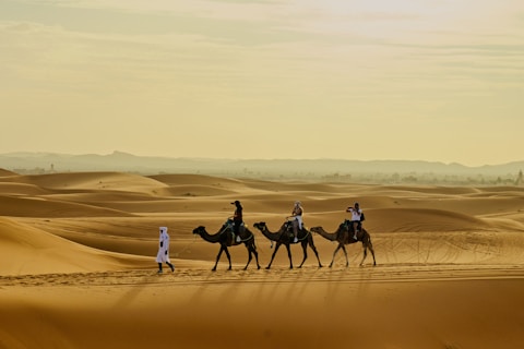 People riding camels through desert sand dunes