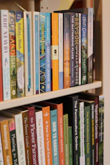 A bookshelf filled with various books.