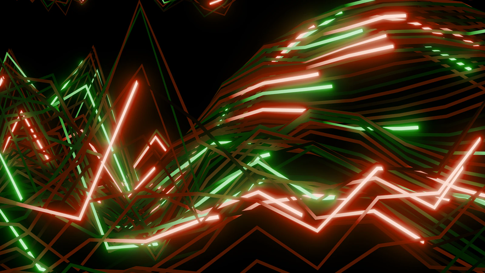 Abstract visualisation of glowing red and green data lines converging and diverging against a dark background, representing diverging training-data distributions