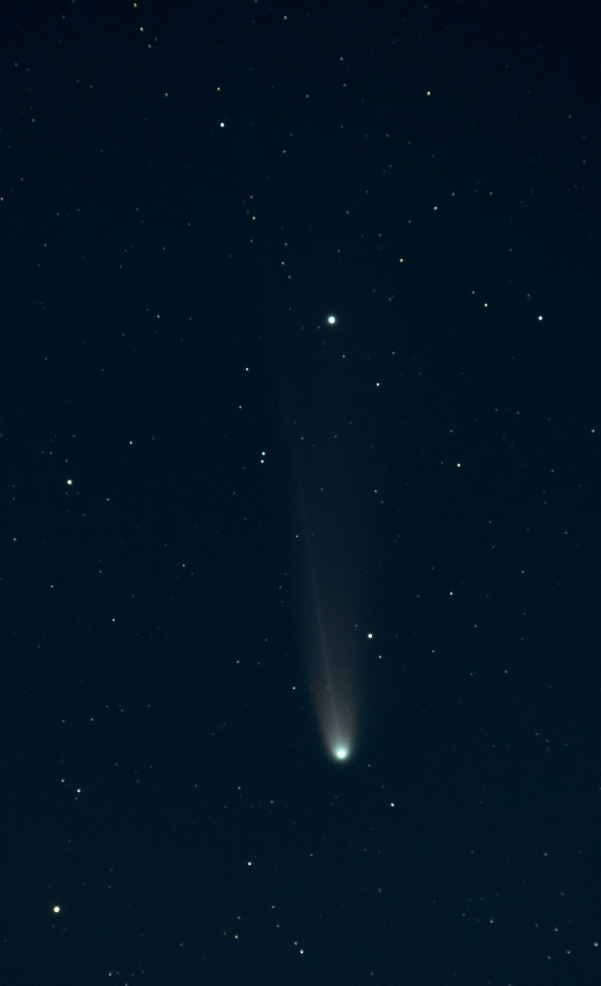 A long-tailed comet streaking across a dark, star-filled night sky.