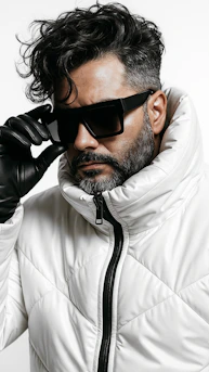 Man in white puffer jacket and black gloves wearing sunglasses