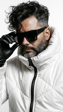 Man in white puffer jacket and black gloves wearing sunglasses