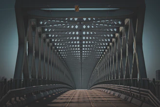 Perspective view of a steel truss bridge interior