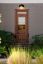 A wooden door with glass panels and plants.