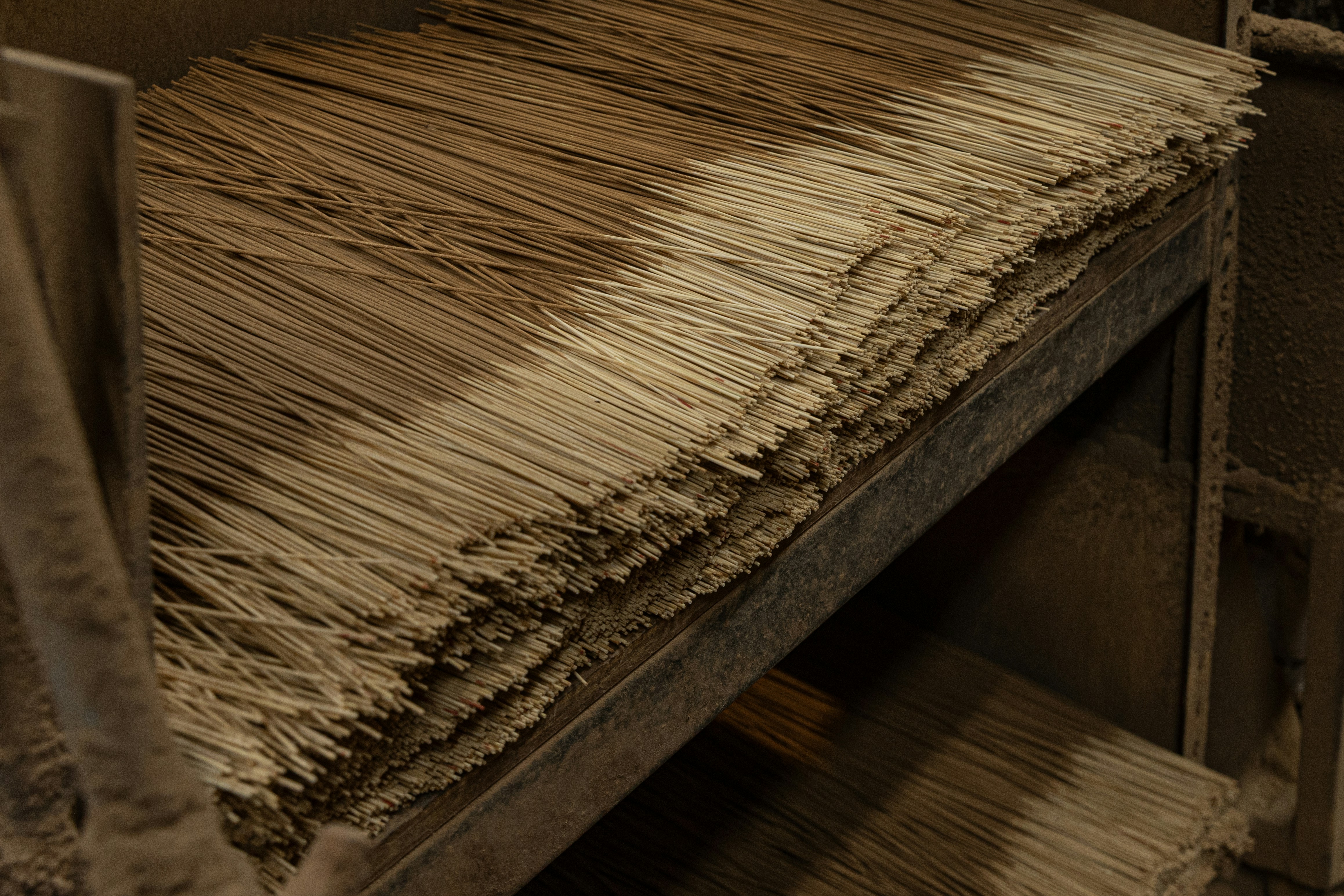 Bundles of uncooked spaghetti pasta