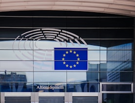 European union flag on modern building facade