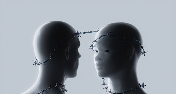 Two mannequins connected by barbed wire