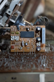 Close-up of a vintage electronic circuit board